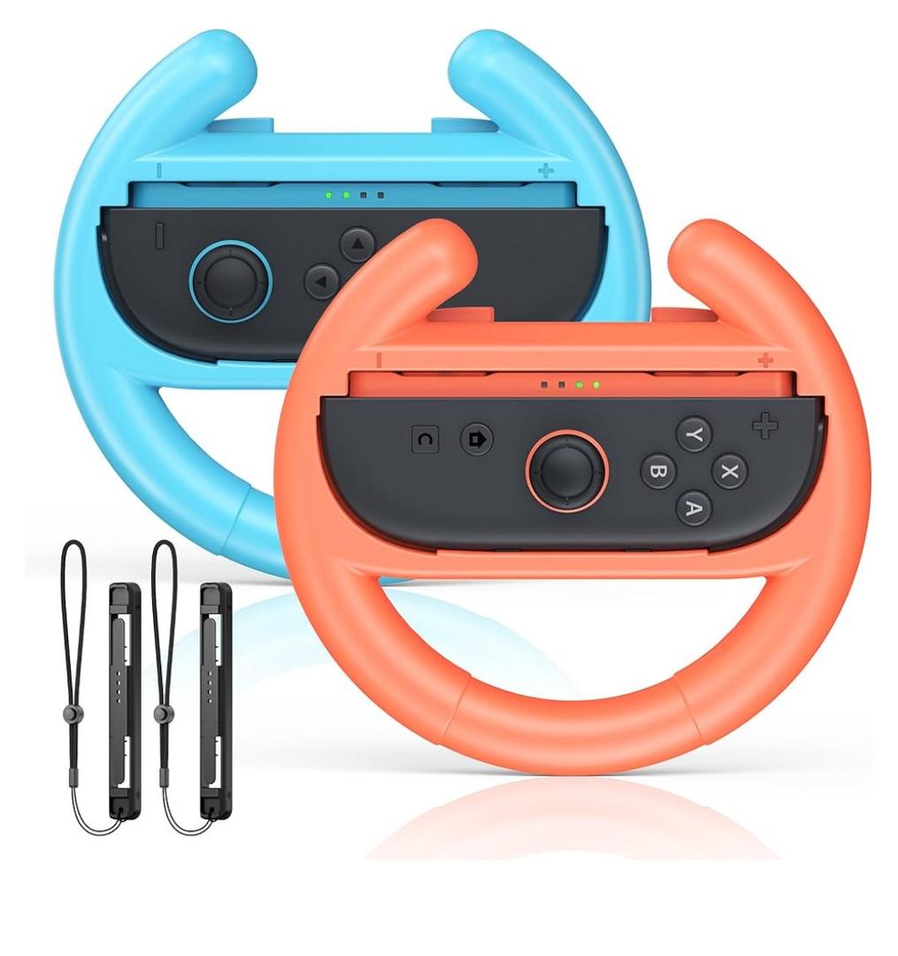 [Fit For Switch1/2] Steering Wheel Hand Grips for Switch 2/Swith 1/OLED, Racing Wheels Handle Accessories for Mario Kart Games, Ergonomic Handheld Grips for Joycons 2 Controller -2 Packs (Orange&Blue)