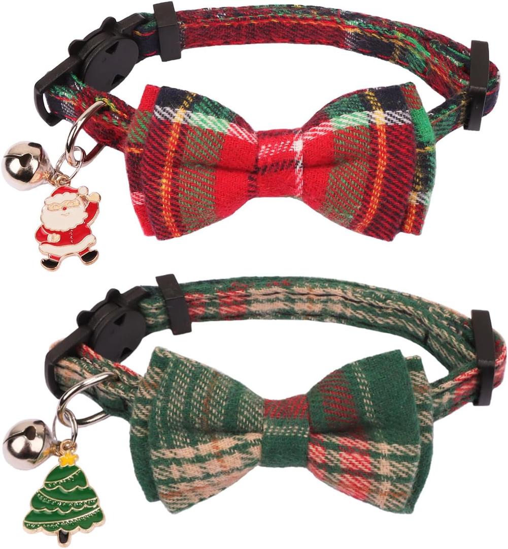 PTDECOR Christmas Cat Collars, Red Green Plaid Bowtie Xmas with Removable Bowtie Bell, Breakaway Plaid Bow Christmas Collars for Cats Kittens