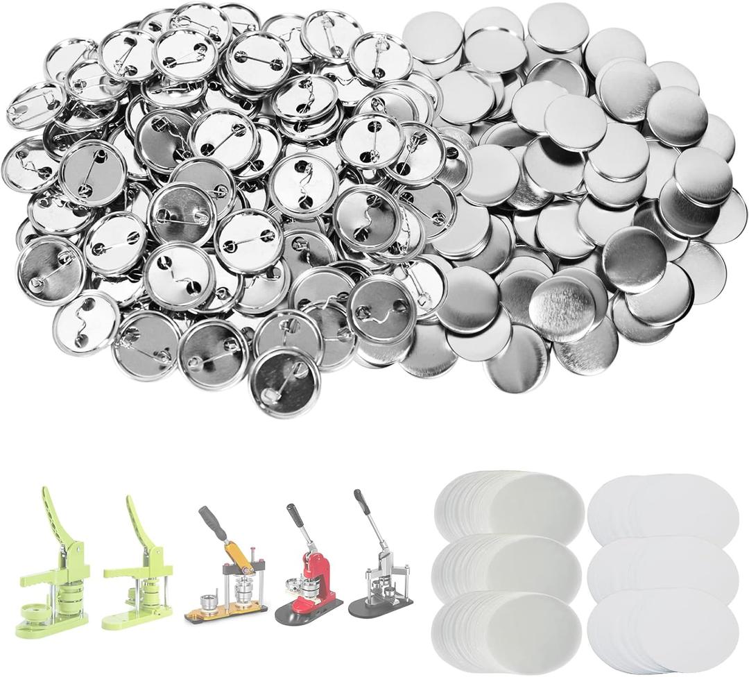300 Sets 1.25 inch Button Maker Supplies, 32mm Button Supplies Parts Badge Part, Buttons Making Supplies, Includes Metal Pin Back Cover, Metal Shells, Blank Paper&Clear Film