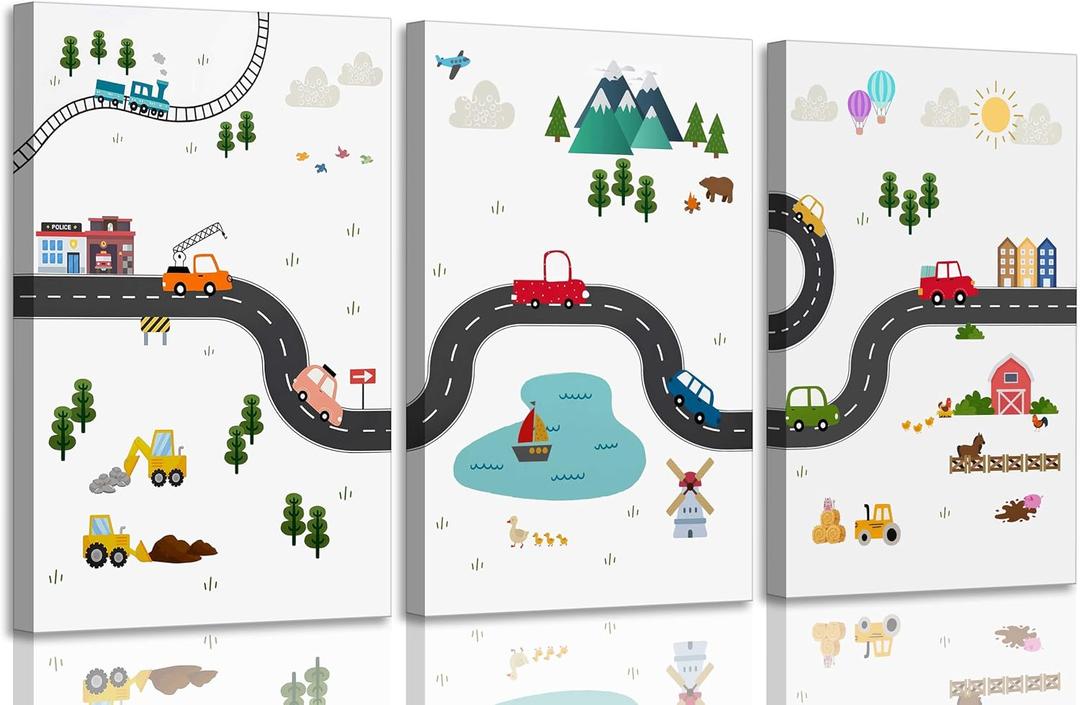 3Pcs Car Nursery Canvas Wall Art Boy Cartoon Truck Urban Transport Painting Picture Wall Decor Poster Print Artwork for Kids Room Baby Room Boys Bedroom Home Decoration (16x24in)