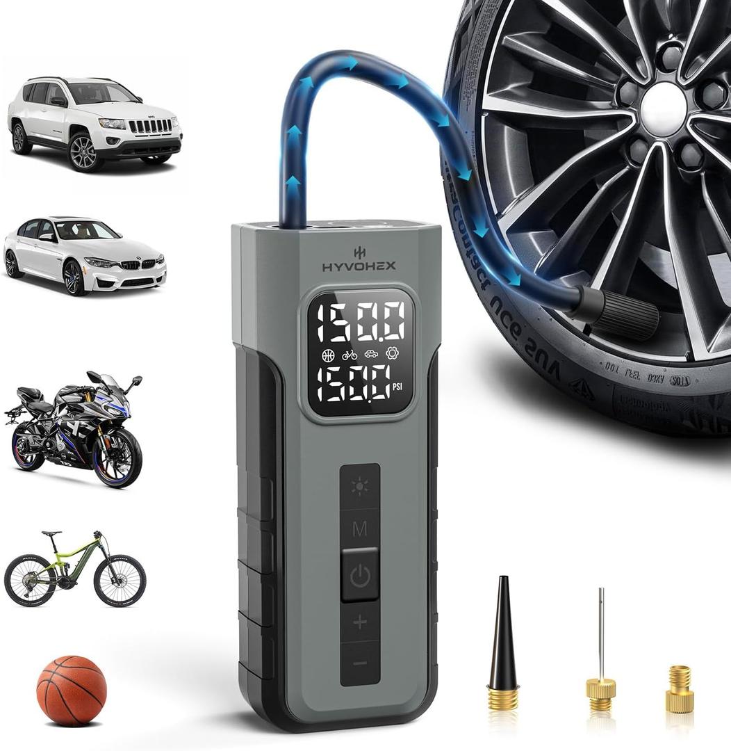 HYVOHEX Tire Inflator Portable Air Compressor, 1 Min Fast Inflation Cordless Bike Pump with Digital Pressure Gauge LED Light, 150 PSI Electric Air Pump for Car Tires, Bicycle, Motorcycle, Ball (Grey)