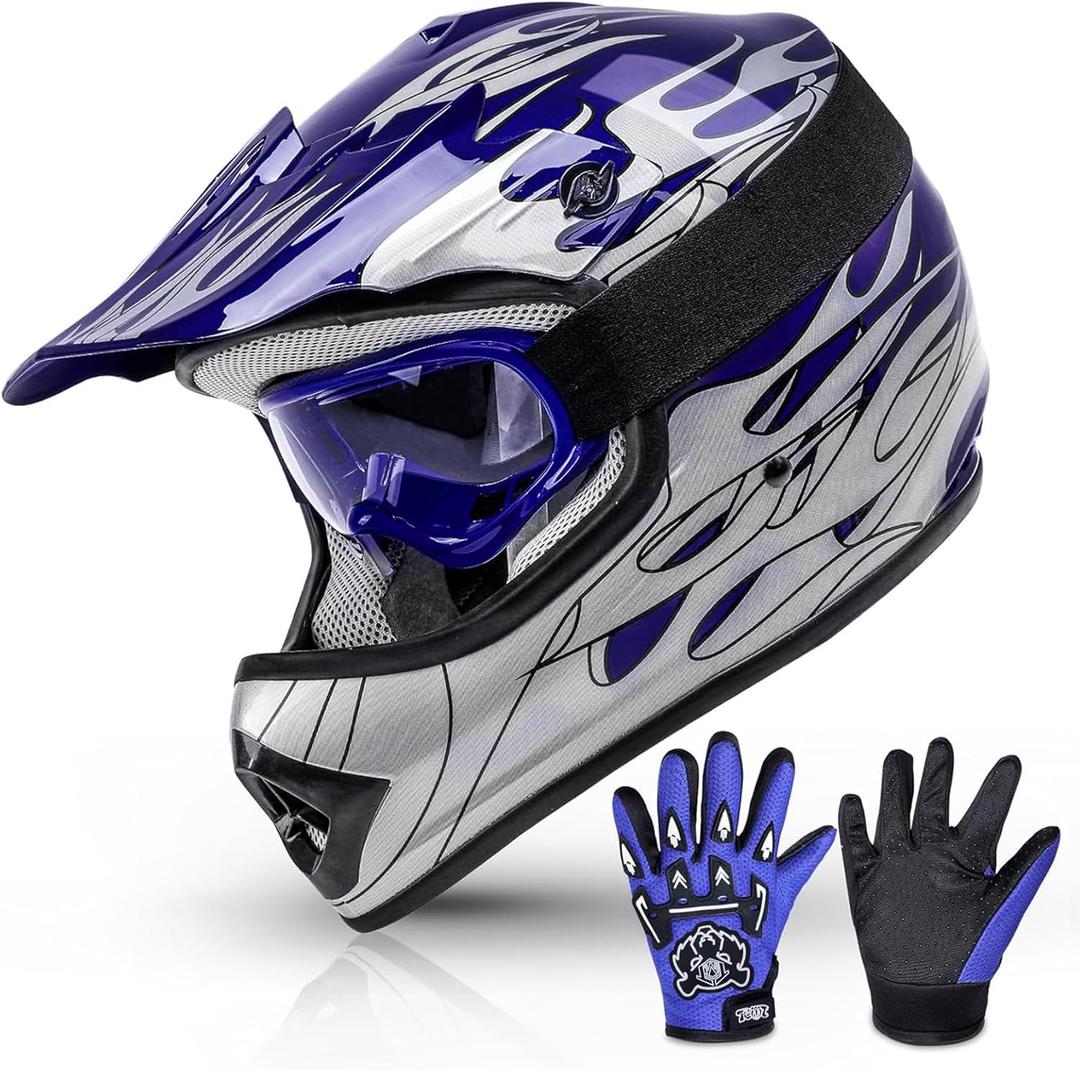 TCMT Youth Dirt Bike Helmet DOT Certified - Kids Full Face Motocross ATV Helmet with Goggles, Gloves and Helmet Bag for Off-Road, BMX, MX, Street Riding Size: Youth Medium