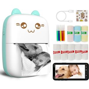 Mini Printer Portable, Inkless Sticker printer with 8 Rolls Paper, Bluetooth Wireless mini thermal printer Compatible with iOS + Android for Journal, Memo, Photo, Print Pod Gifts for Girls Kids