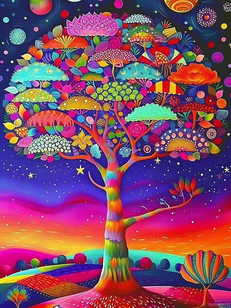 TUTUMAY21 Christmas Gift Colorful Tree on Night Sky with Stars Diamond Painting Kits, Tree of Life Full Round Diamond Art Kits, Home Wall Decor for New Year Valentine's Day 12x16 inch
