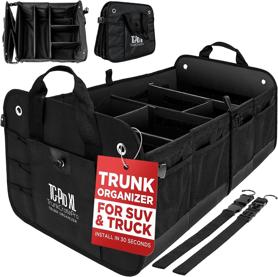 TRUNKCRATEPRO XL Heavy-Duty Trunk Organizer Reinforced SUV & Truck Cargo Storage with 6 Adjustable Compartments, Non-Slip Base & Securing Straps (Foldable Design, Black)