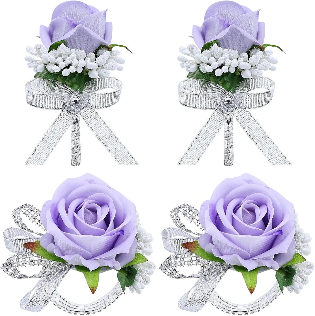 4Pcs Purple Rose Corsage and Men Boutonniere Set Women Wristlet Band Wrist Bracelets, for Prom Wedding Ceremony Flowers Decorations and Homecoming Party Accessories