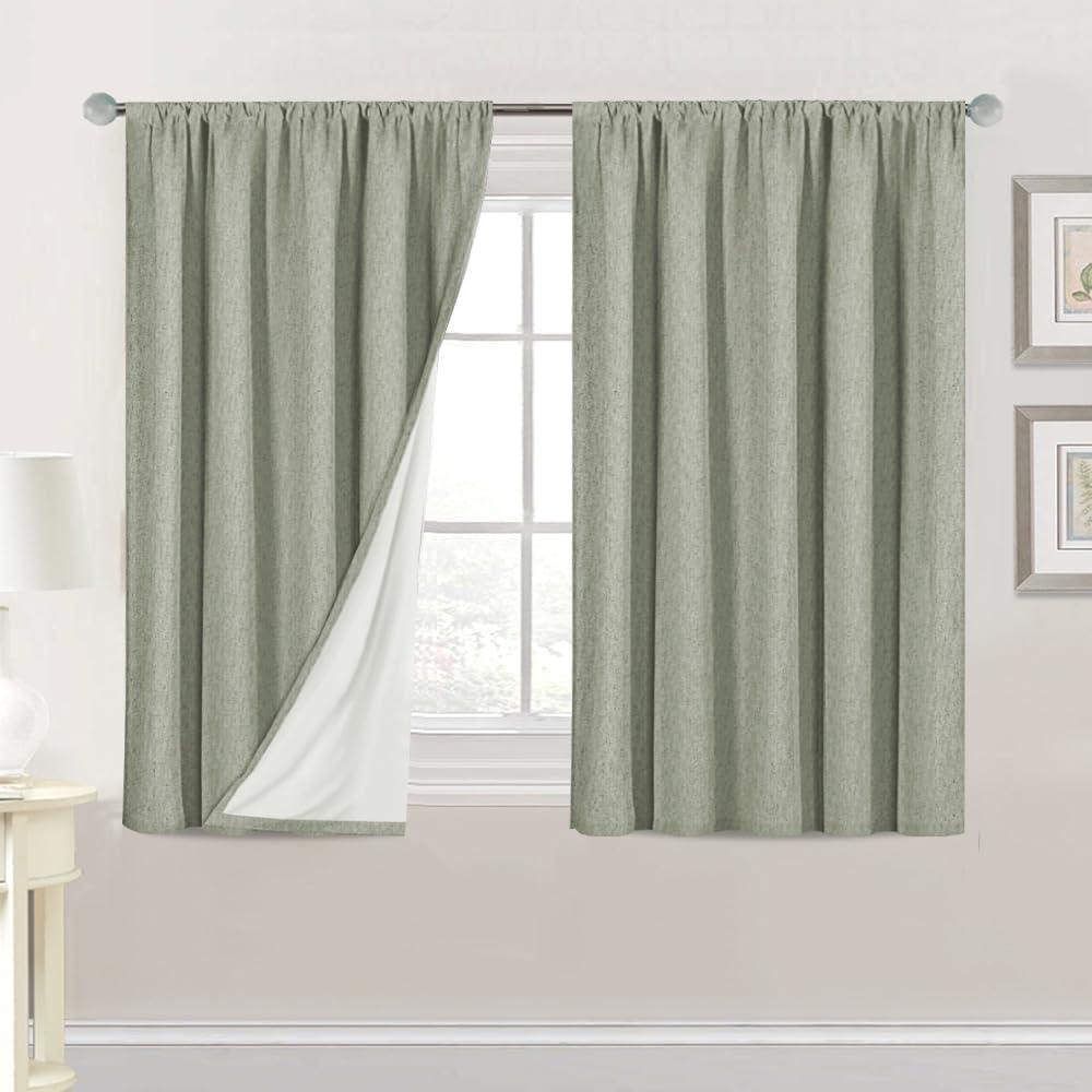 H.VERSAILTEX Linen Look 100% Blackout Curtains 45 Inches Long for Bedroom Full Light Blocking Rod Pocket Linen Textured Thick Window Curtain Drapes with White Backing, Sage, 2 Panels