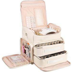 Uross Large Nail Polish Organizer Bag, Holds 98 Bottles, PU Leather- Beige