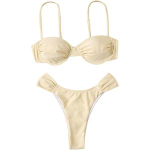 SweatyRocks Women's Two Piece Swimsuit Ruched High Cut Mid Rise Bikini Sets Swimwear (Large, Apricot)