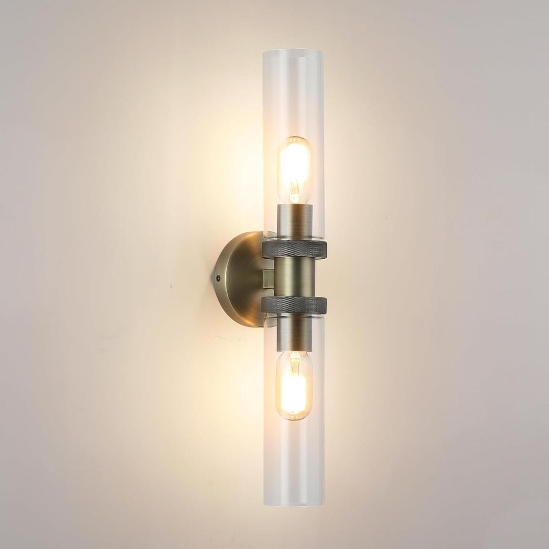 2 Light Bathroom Vanity Light Brushed Bronze, Bathroom Light Fixtures Side Mirror,Hallway Vanity Lights Fixtures, Modern Wall Lamp for Bedroom with Glass Shade