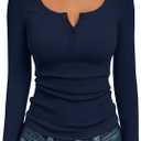 Trendy Queen Long Sleeve Shirts for Women Henley Ribbed Fall Tops Dressy Business Casual Teen Girl Winter Cute Basic Tees (Small, Navy Blue)
