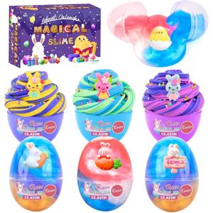 7 Pack Egg Slime Kit with 3 Bicolor Butter 4 Galaxy Slime for Boys Girls 8-12, Clear Making Toy for Party Favor, Sticker Bunny Egg Charm 4-6, Soft Non-Stick Birthday Basket Stuffer
