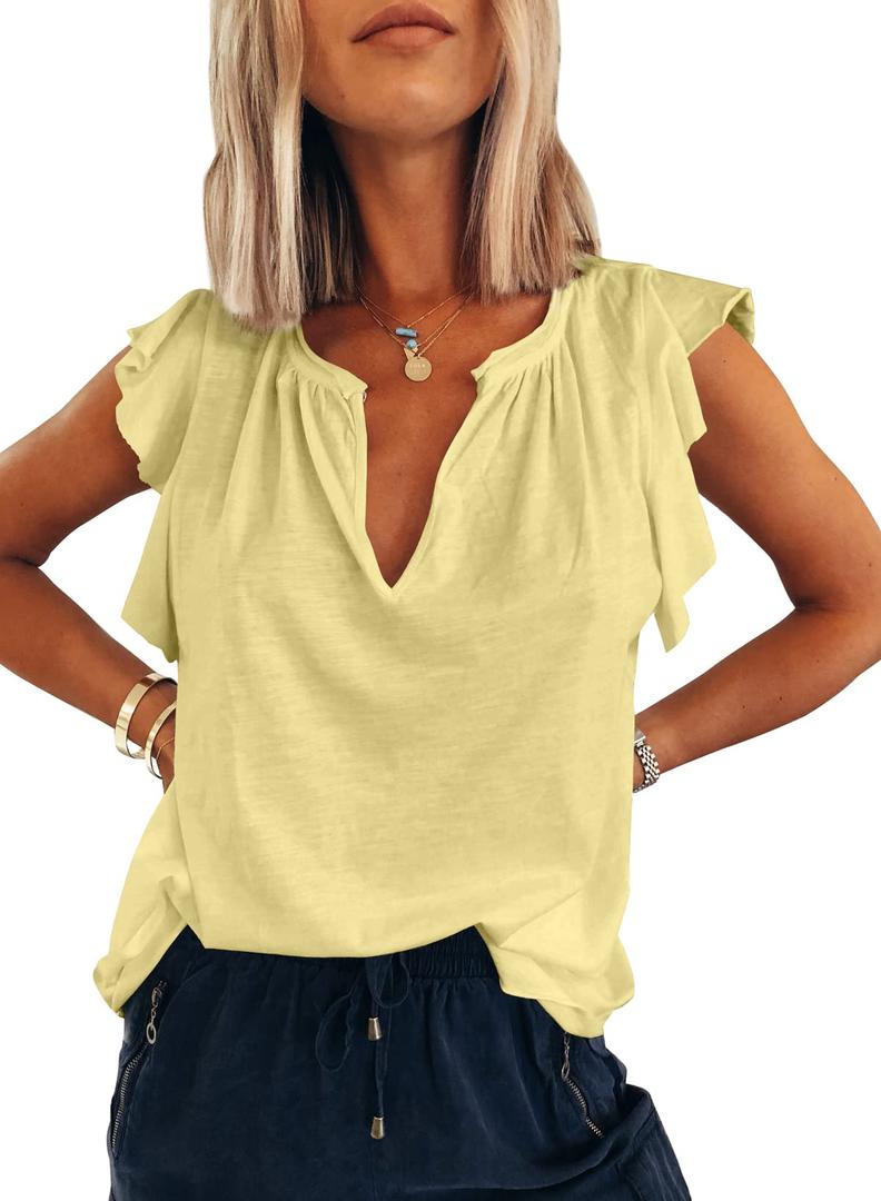 Dokotoo Womens Short Sleeve Tank Tops Trendy Summer Sping Cap Sleeve Tops for Women Basic Cute V Neck Solid Sleeveless T Shirts 2026 Dressy Casual Loose Blouses Shirts Yellow (Yellow, XXL)