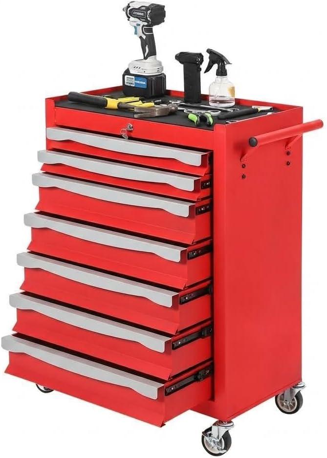 7-Drawer Tool Chest, Rolling Tool Cart with Wheels, Large Capacity Tool Storage Cabinet with Keyed Locking,Drawer Liners&Link Buckle, for Garage, Workshop, Warehouse,24.21"L * 13.78"W * 34.06"H Red