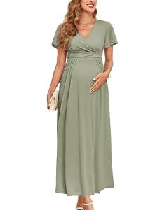AISWI 2025 Women's Maternity Maxi Dress Ruffle Sleeve Wrap V Neck Pregnancy Dresses with Pockets Baby Shower Photoshoot Formal, Sage Green, Medium