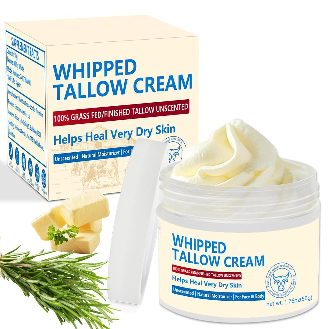 Beef Tallow Face Moisturiser, 100% Grass Fed Beef Tallow for Skin Care - 100% Natural Handmade Lotion Whipped Beef Tallow Cream for Face & Body Sensitive Skin - 1.76 OZ., white