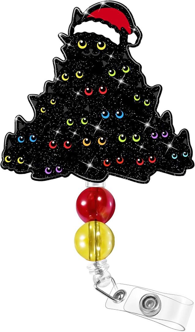 2 x Plifal Christmas Badge Reel Retractable - Cute Christmas Tree Black Cat Santa Hat cat Badge Reel Holder with Alligator Clip, Gifts for Nurse Office Worker Medical Assistant Student ID Accessories
