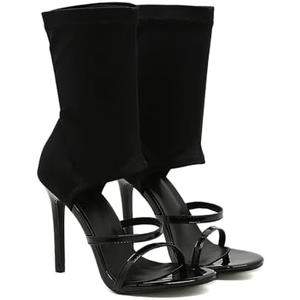Women's Stretchy Cloth High Top Two Strapy Stiletto Gladiator Sandals Sexy Open Toe High Heel Summer Elastic Ankle Boot Sandals for Summer Dress Wedding Party Daily Wear Shoes (9, Black)
