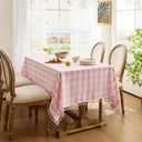 Softalker Pink Gingham Tablecloth Square, Outdoor Linen Cotton Checkered Table Cloth with Tassel, Heavy Duty Wrinkle Free Buffalo Plaid Table Cover for Kitchen Dining Home Party - 55 x 55 Inch