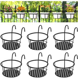 CADANI Iron Hanging Plant Holder Over The Rail Metal Fence Planters, Hanging Bucket Flower Pot Holder for Patio Balcony Outdoor Plants - Pack of 6 (Black)