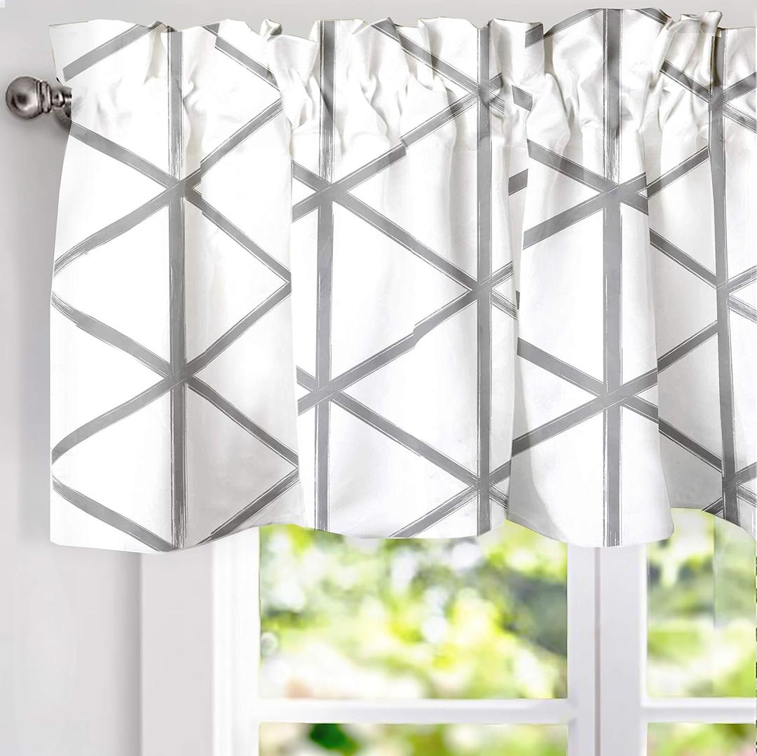DriftAway Raymond Geometric Triangle Trellis Pattern Lined Thermal Insulated Energy Saving Window Curtain Valance for Living Room 2 Layers 52 Inch by 18 Inch Plus 2 Inch Header Gray and White (Grey)