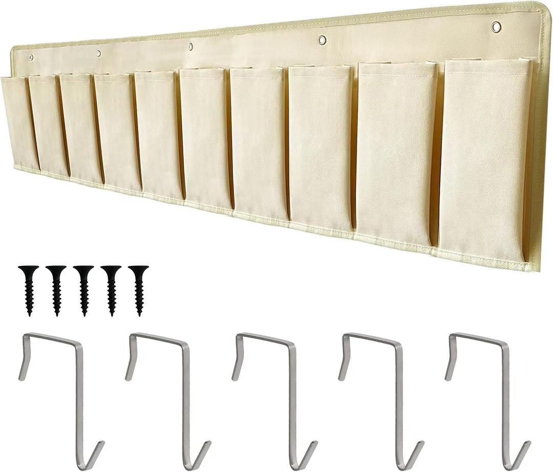 RV Shoe Pockets 10 Pockets Heavy Hanging Bedside Storage Organizer with Sturdy Hooks Storage Pockets Hangs on bed for Shoes Toys and Tool Accessories (Medium, Beige)