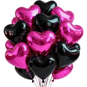 TONIFUL 30Pcs 18 Inch Black Hot Pink Balloons Black Rose Pink Heart Shape Foil Mylar Banners Decoration for Birthday Valentine's Day Wedding Bridal Shower Anniversary Engagement Party Supplies