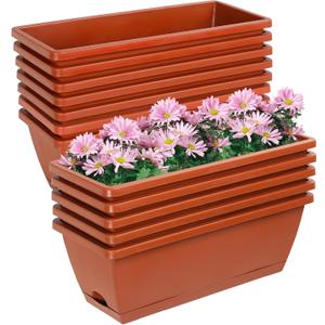 12Pcs 17Inches Rectangle Planter Box with Drainage Holes and Trays Plastic Planters Flower Boxes Pots for Indoor Outdoor Plants Patio Garden Home Decor Porch Yard (Red)