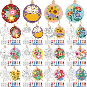 Supervitae 72 Piece Spring Floral 5.9" Round Pre Drawn Canvas Kit Spring Paint and Sip Kit with Pictures Paints Easels Brushes for Kids Adults DIY Painting Holiday Easter Party Gifts