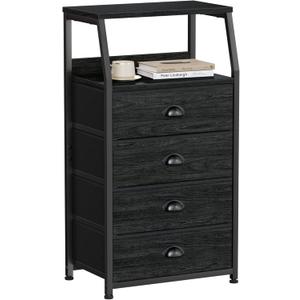 Tall 4 Drawers Dresser, Vertical Storage Tower Black Dresser for Bedroom, Hallway, Entryway, Nursery, Closet Organizer, Nightstand Bedside Table Furniture, Sturdy Steel Frame, Wood Top