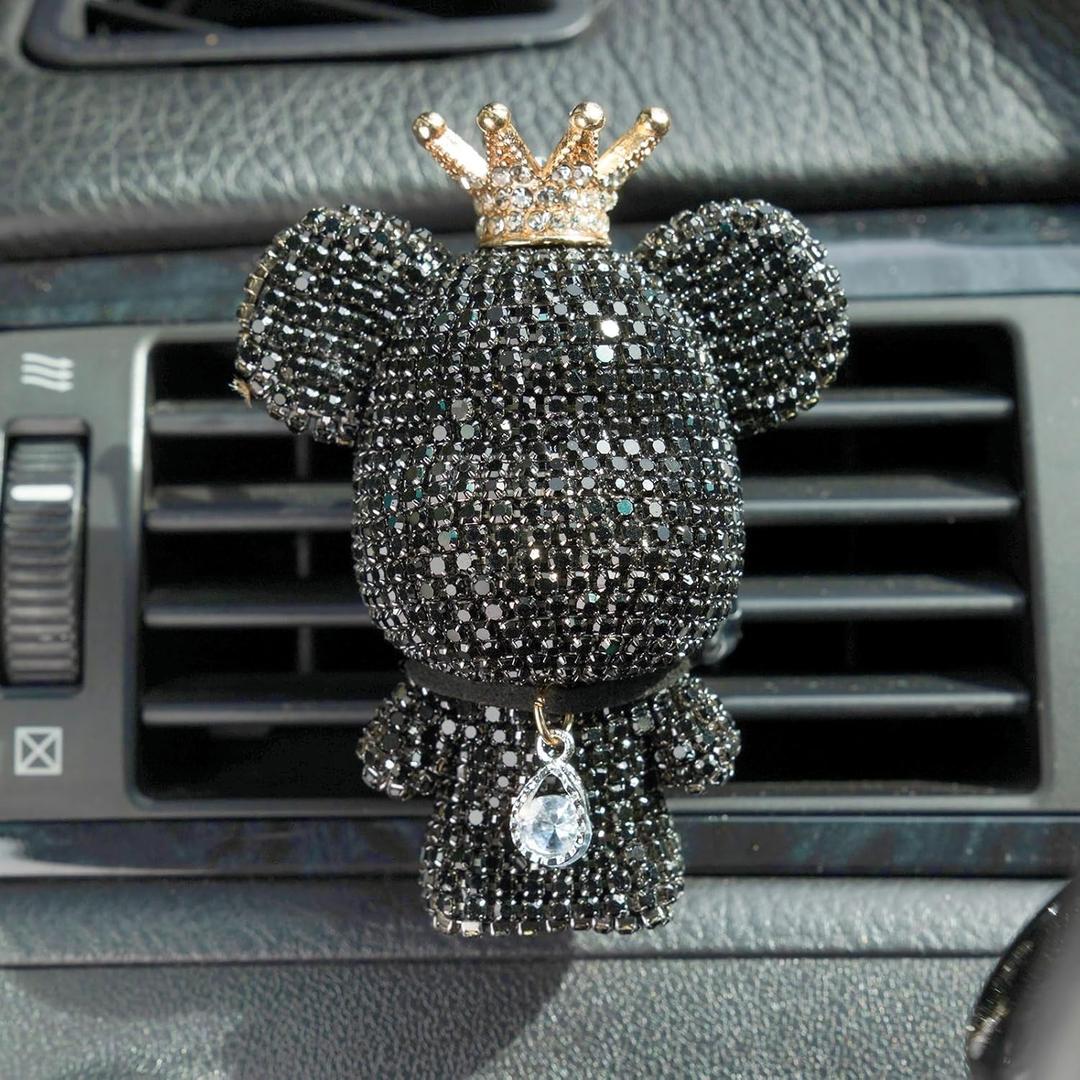 Cute Car Accessories, Bling Crystal Bear Car Air Freshener With Vent Clip,Rhinestone Aesthetic Car Decor Interior Decoration (BLACK)