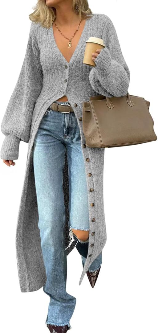Saodimallsu Womens Long Cardigans V Neck Button Down Chunky Knit Dusters Sweater Coat Fall Trendy Maxi Sweater Dress (Medium, Light Gray)