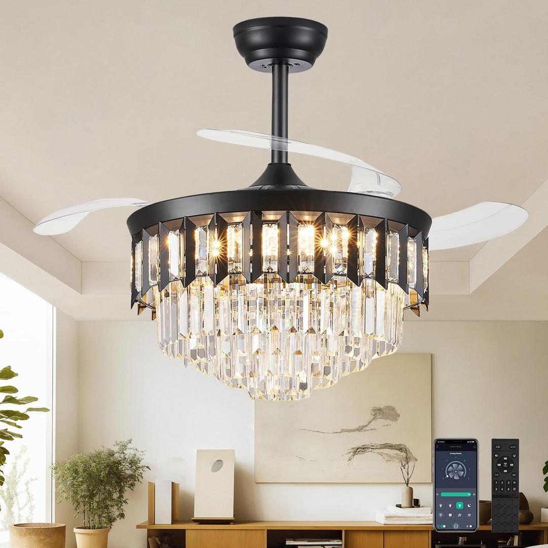 42" Fandelier Ceiling Fan with Light, Crystal Chandelier Fan with Retractable Blades LED Dimmable Crystal Ceiling Fan Chandelier for Bedroom Living Room Dining Room-Black