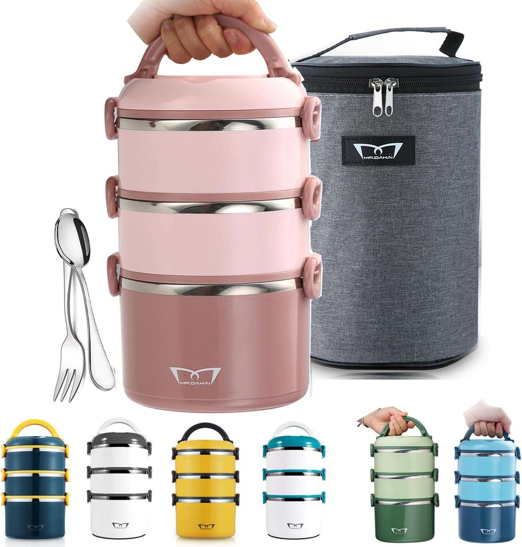 Mr.Dakai Adult Bento Lunch Box -Microwavable- All-in-One Stackable Stainless Steel Lunch Box Containers, 3-Tier Insulated Food Container with Bag, Utensils, 81oz Thermal Lunch Box for Hot Food, Pink