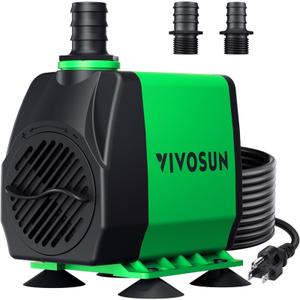 VIVOSUN 800GPH Submersible Pump(3000L/H, 24W), Ultra Quiet Water Fountain Pump with 10ft. High Lift with 6.5ft. Power Cord, 3 Nozzles for Fish Tank, Pond, Aquarium, Statuary, Hydroponics Green