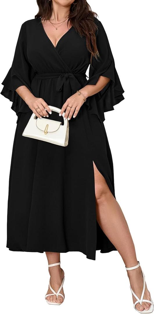 Womens Plus Size Dress Wedding Guest Cocktail Ruffle Half Sleeve Wrap V Neck Slit A Line Maxi Dresses with Belt L