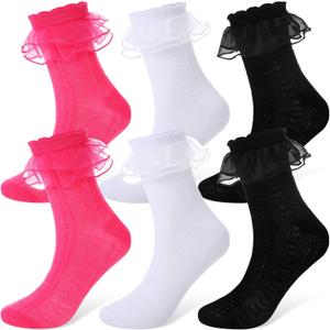 Geyoga 3 Pairs Halloween Women Ruffle Socks Turn Cuff, Double Lace Ankle Socks Cotton Lace Frilly Sock for Ladies (Rose Red, White, Black)
