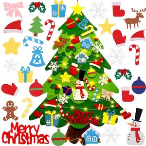 Montessori Felt Christmas Tree for Toddlers with 32Pcs Detachable Tree Ornaments, Montessori Christmas Tree Felt with Lights, Ideal DIY Set (38.6 * 27.6 In)