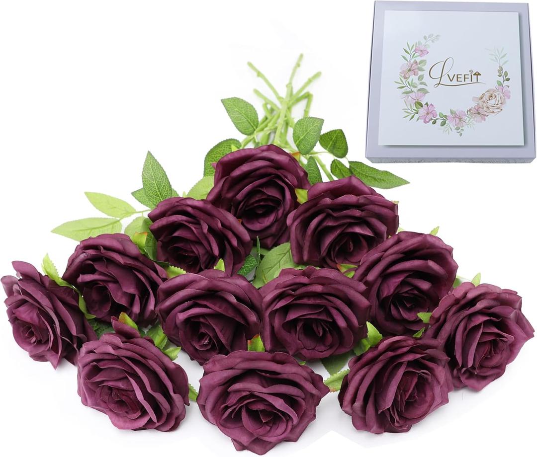 Artificial Rose Flower Plum Flowers Silk Flowers 12 pcs with Long Stem Silk Roses Bouquet for Wedding Bridal Shower Party Home Decoration