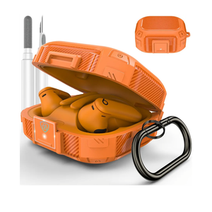 [Upgrade Secure Lock] for Beats Powerbeats Pro 2 Case Cover, LDSXAY Carbon Fiber Shockproof Protective Cover for Powerbeats Pro 2 2025 with Cleaner Kit & Carabiner (Orange)