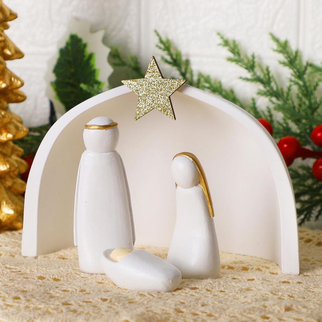 Juegoal Christmas Nativity Sets, Set of 4 White Mini Nativity Scene Resin Figurines, Xmas Holy Family Table Ornaments, Religious Holiday Collection Gifts, Baby Jesus Nativity Mantle Shelf Decor