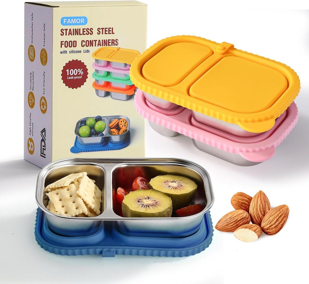 FAMOR 3 Pack Stainless Steel Snack Containers With Lid, 2 Compartment Snackle Box Container,Leak-Proof Reusable Food Storage Container,For Work,Travel, School, And The Gym