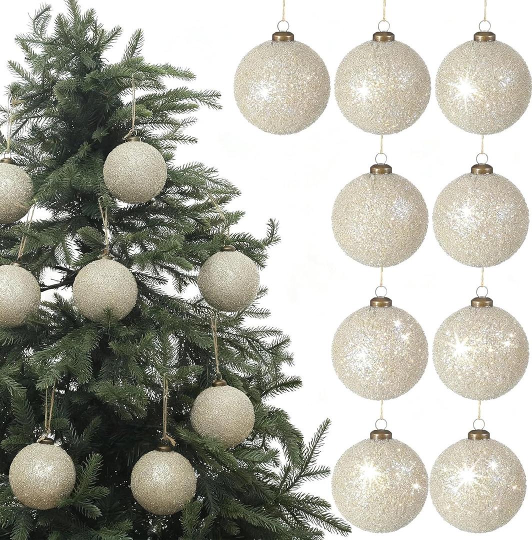 Leyndo 9 Pcs 4 Inch Glitter Cream Beaded Balls Ornaments for Christmas Tree Plastic Christmas Balls Ornaments Decorative Hanging Tree Decorations for Home Xmas Holiday Party Decor