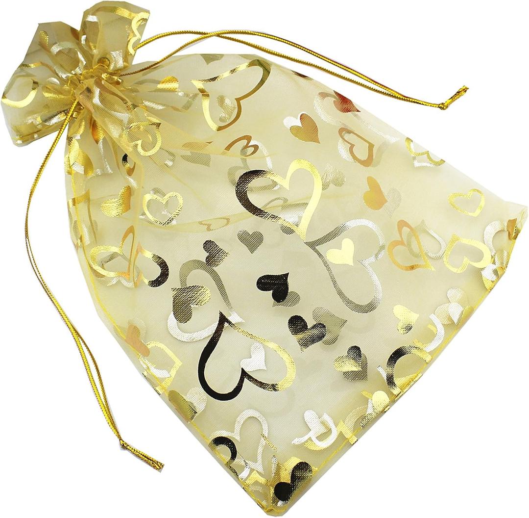QIANHAILIZZ 100 Pack 7 x 9 Inch Drawstring Flower Heart Bags Organza Jewelry Gift Pouch Candy Pouch Drawstring Wedding Favor Bags (gold heart)