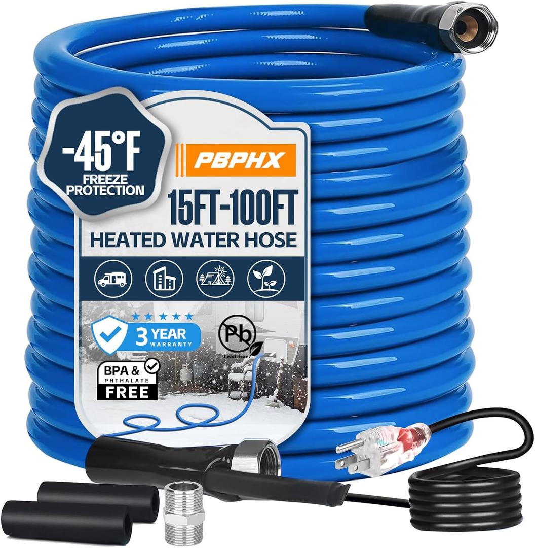 50FT Heated Water Hose for RV,Heated Drinking Water Hose with Thermostat,Lead and BPA Free,1/2"Inner Diameter,Temperatures Down to -40F Self-Regulating,Blue Appearance