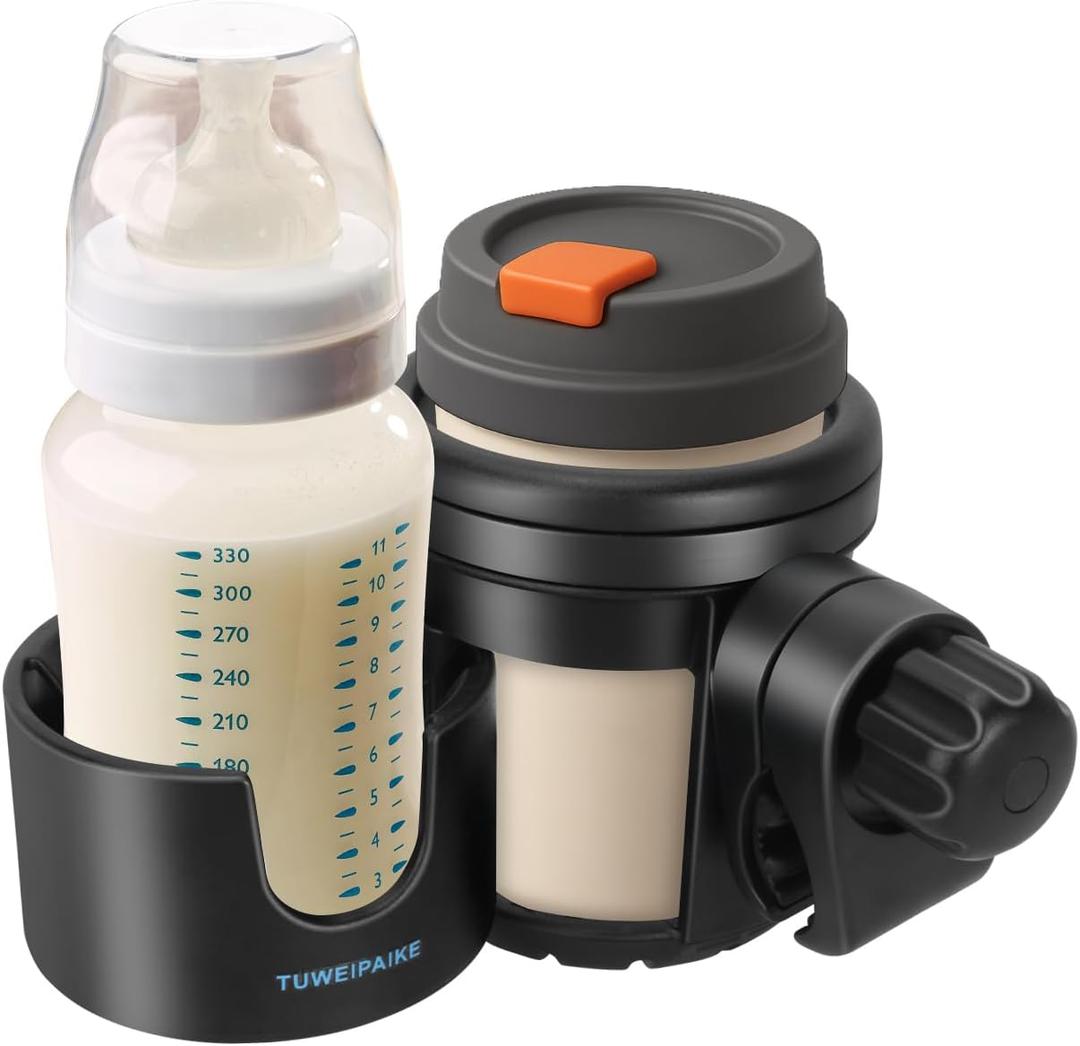 Universal Stroller Cup Holder, 360 Rotation cupholder for Stroller, 2-in-1 Prams Cup Holder with Mega Strength Adjustable Clamp, Fits Most Cups