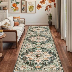 Runner Rug Non Slip 17"x47" Boho Rug Hallway Runner with Soft Faux Wool Dark Green Washable Runner Rug for Entryway Distressed Boho Carpet Runners for Bedroom, Kitchen, Laundry, Indoor