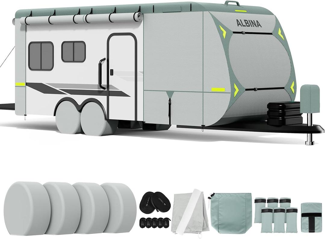 ALBINA 300D Oxford Travel Trailer RV Cover, 24-27" Waterproof Tearproof Windproof Camper Cover for Winter Snow with Zipper Door, Jack Cover, 4 Tire Covers and Wind Protector Straps