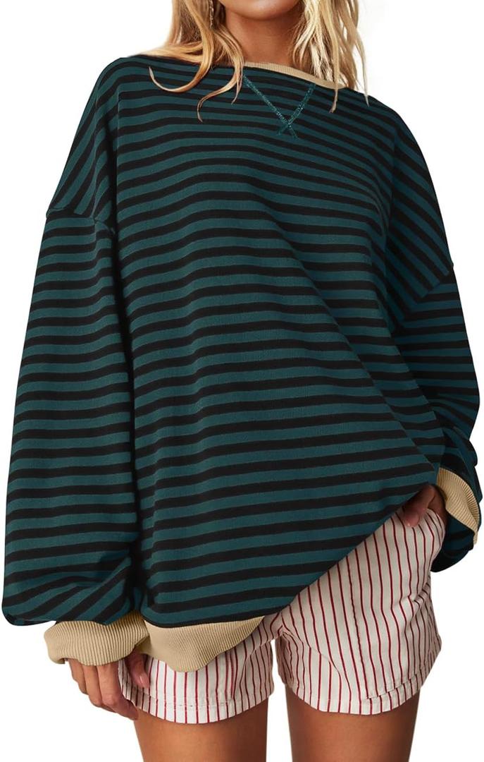 UEU Women Oversized Striped Crewneck Sweatshirt Long Sleeve Color Block Pullover Tops Casual Loose Workout Shirt Small