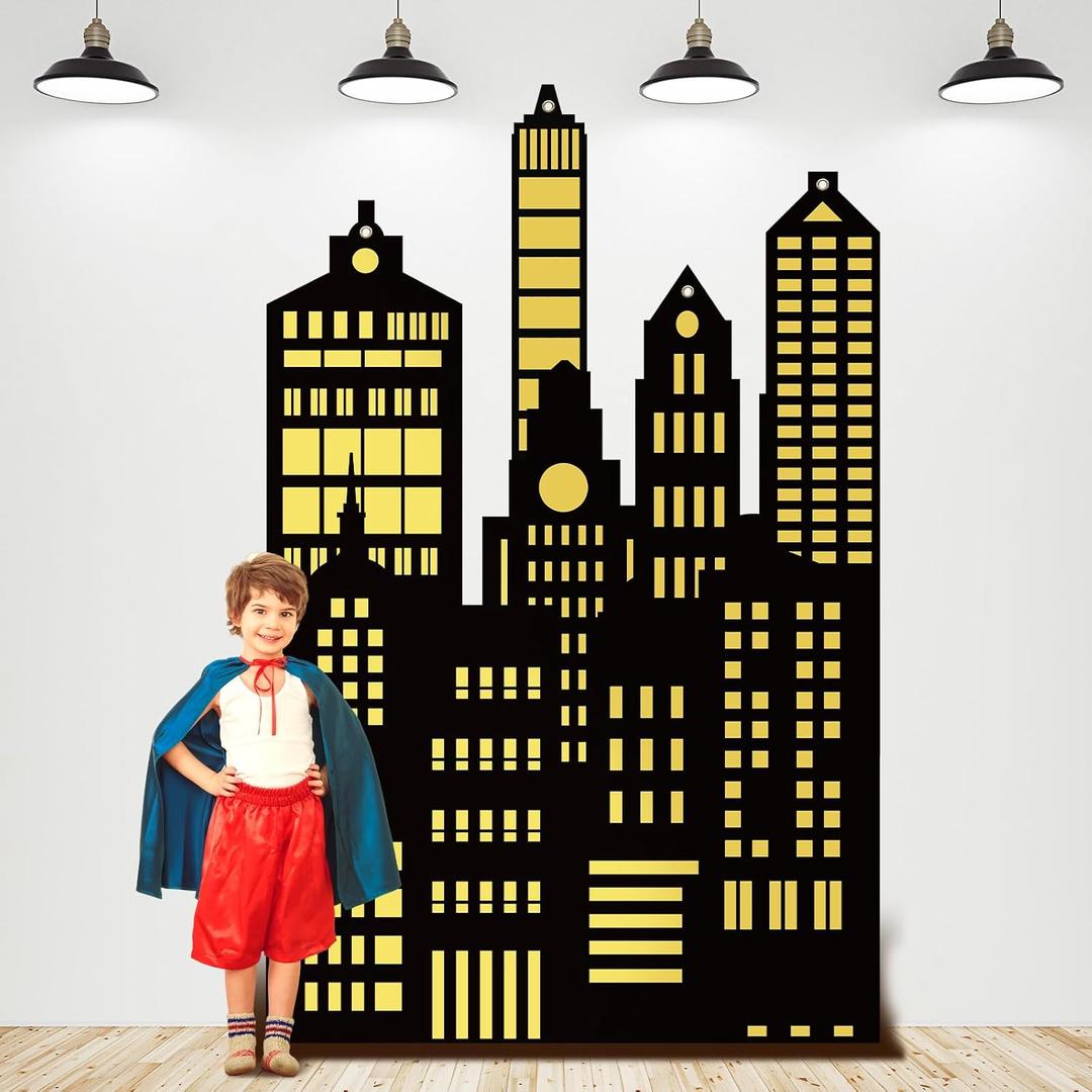 Tegeme Large Hero City Skyline Backdrop New York City Skyline Skyscraper Party Decoration NYC Buildings Background Cutouts Hero Backdrop for Birthday Party Photo Prop(Black,4.3 x 6.6 ft,Classic)